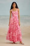 Buy_THE IASO_Pink Chiffon Printed Floral Square Lana Strappy Tiered Dress _at_Aza_Fashions