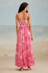 Shop_THE IASO_Pink Chiffon Printed Floral Square Lana Strappy Tiered Dress _at_Aza_Fashions