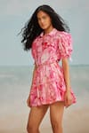 THE IASO_Pink Lining Modal Printed Floral Collared Lana Shirt Dress _Online_at_Aza_Fashions