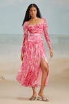 THE IASO_Pink Cotton Canvas Printed Floral Sweetheart Lana Ruched Dress _Online_at_Aza_Fashions