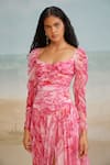 Buy_THE IASO_Pink Cotton Canvas Printed Floral Sweetheart Lana Ruched Dress _Online_at_Aza_Fashions