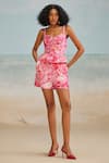 THE IASO_Pink Slub Printed Floral Sweetheart Lana Peplum Top _Online_at_Aza_Fashions