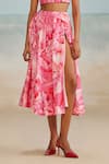 THE IASO_Pink Slub Printed Floral Lana Slit Skirt _Online_at_Aza_Fashions