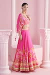 Shop_MANDIRA WIRK - Indian_Pink Chiffon Printed Bloom Cluster V Neck Leyla Lehenga Set _Online_at_Aza_Fashions