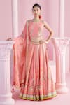 Mandira Wirk_Pink Chiffon Printed Geometric Halter Neck Ekin And Floral Lehenga Set _Online_at_Aza_Fashions