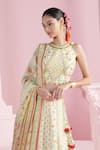 Shop_Mandira Wirk_Ivory Chanderi Printed Blossom Halter Neck Safir Lehenga Set _Online_at_Aza_Fashions