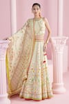 MANDIRA WIRK - Indian_Ivory Chanderi Printed Blossom Halter Neck Safir Lehenga Set _at_Aza_Fashions