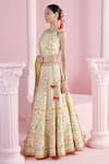 Buy_MANDIRA WIRK - Indian_Ivory Chanderi Printed Blossom Halter Neck Safir Lehenga Set 