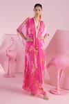 Buy_Mandira Wirk_Pink Chiffon Printed Floral Cluster High Neck Safak Kaftan With Bralette _at_Aza_Fashions