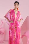 Mandira Wirk_Pink Chiffon Printed Floral Cluster High Neck Safak Kaftan With Bralette _Online_at_Aza_Fashions