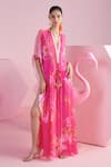 Shop_Mandira Wirk_Pink Chiffon Printed Floral Cluster High Neck Safak Kaftan With Bralette _Online_at_Aza_Fashions