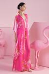 Mandira Wirk_Pink Chiffon Printed Floral Cluster High Neck Safak Kaftan With Bralette _at_Aza_Fashions