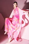 Shop_Mandira Wirk_Pink Chiffon Printed Floral Cluster High Neck Safak Kaftan With Bralette 