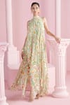 Buy_MANDIRA WIRK - Indian_Ivory Chiffon Printed Floral Halter Asymmetric Maxi Dress _at_Aza_Fashions