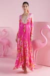 Buy_MANDIRA WIRK - Indian_Pink Modal Satin Printed Floral Plunging V Sema Blossom Asymmetric Kaftan _at_Aza_Fashions