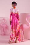 Shop_MANDIRA WIRK - Indian_Pink Modal Satin Printed Floral Plunging V Sema Blossom Asymmetric Kaftan _at_Aza_Fashions