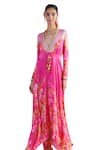 MANDIRA WIRK - Indian_Pink Modal Satin Printed Floral Plunging V Sema Blossom Asymmetric Kaftan _Online_at_Aza_Fashions