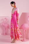 Buy_Mandira Wirk_Pink Modal Satin Printed Floral Plunging V Sema Blossom Asymmetric Kaftan _Online_at_Aza_Fashions