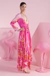 Shop_Mandira Wirk_Pink Modal Satin Printed Floral Plunging V Sema Blossom Asymmetric Kaftan _Online_at_Aza_Fashions