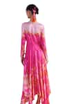 MANDIRA WIRK - Indian_Pink Modal Satin Printed Floral Plunging V Sema Blossom Asymmetric Kaftan _at_Aza_Fashions