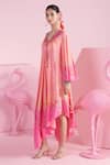 Mandira Wirk_Pink Crepe Printed Floral V Neck Nilay Asymmetric Kaftan _Online_at_Aza_Fashions