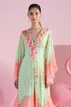 Mandira Wirk_Green Crepe Printed Iznik V Neck Arda Asymmetric Kaftan _Online_at_Aza_Fashions