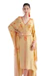 Buy_Mandira Wirk_Brown Crepe Printed Floral V Neck Blossom Cluster Asymmetric Kaftan With Belt _Online_at_Aza_Fashions