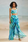 Buy_THE IASO_Blue Viscose Crinkle Chiffon Printed Tropical Sweetheart Darla Feather Crop Top _at_Aza_Fashions