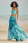 THE IASO_Blue Viscose Crinkle Chiffon Printed Tropical Sweetheart Darla Feather Crop Top _Online_at_Aza_Fashions