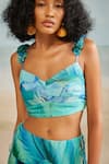 THE IASO_Blue Viscose Crinkle Chiffon Printed Tropical Sweetheart Darla Feather Crop Top _at_Aza_Fashions