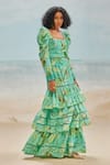 THE IASO_Green Slub Schiffli Printed Floral Square Mele Tiered Dress _Online_at_Aza_Fashions