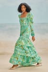 Buy_THE IASO_Green Slub Schiffli Printed Floral Square Mele Tiered Dress _Online_at_Aza_Fashions