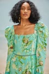 Shop_THE IASO_Green Slub Schiffli Printed Floral Square Mele Tiered Dress _Online_at_Aza_Fashions