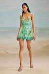 Buy_THE IASO_Green Slub Schiffli Printed Floral Sweetheart Mele Strappy Mini Dress _Online_at_Aza_Fashions