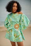 THE IASO_Green Paper Touch Poplin Printed Floral One Shoulder Mele Dress With Belt _Online_at_Aza_Fashions