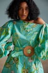 Buy_THE IASO_Green Paper Touch Poplin Printed Floral One Shoulder Mele Dress With Belt _Online_at_Aza_Fashions