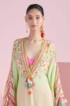 MANDIRA WIRK - Indian_Green Crepe Printed Floral Plunge V Neck Nehir Stripe Kaftan With Bralette _Online_at_Aza_Fashions