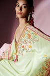 MANDIRA WIRK - Indian_Green Crepe Printed Floral Plunge V Neck Nehir Stripe Kaftan With Bralette _at_Aza_Fashions