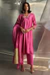 Buy_Charkhee_Pink Kurta And Dupatta Chanderi Embroidered Zari V-neck Placement Pant Set _at_Aza_Fashions