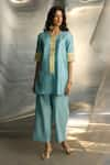 Charkhee_Blue Chanderi Embroidered Zari Round Short Kurta Pant Set _Online_at_Aza_Fashions