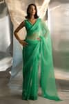 Buy_Charkhee_Green Blouse Chanderi Embroidered Zari V-neck Placement Saree With _at_Aza_Fashions