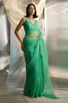 Charkhee_Green Blouse Chanderi Embroidered Zari V-neck Placement Saree With _Online_at_Aza_Fashions