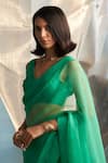 Charkhee_Green Blouse Chanderi Embroidered Zari V-neck Placement Saree With _at_Aza_Fashions