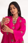 Shop_Chhaya Mehrotra_Magenta Bangalore Silk Embroidery Zardozi V Neck Devya Peacock Kurta And Pant Set _Online_at_Aza_Fashions