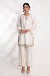 Buy_Chhaya Mehrotra_Ivory Bangalore Silk Embroidery Zardozi Lekha Scallop Short Kurta And Pant Set _at_Aza_Fashions