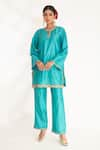 Buy_Chhaya Mehrotra_Blue Bangalore Silk Embroidery Zardozi Lekha Scallop Pattern Kurta And Pant Set _at_Aza_Fashions