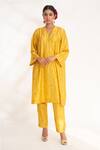 Buy_Chhaya Mehrotra_Yellow Bangalore Silk Hand Embroidered Floral V Neck Ojal Kurta With Pant _at_Aza_Fashions