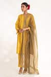 Buy_Chhaya Mehrotra_Yellow Bangalore Silk Hand Embroidered Floral V Neck Ojal Kurta With Pant _Online_at_Aza_Fashions