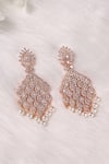Shop_Ruby Raang_Rose Gold Diamonds, Pearls Carved Chandelier Earrings _at_Aza_Fashions