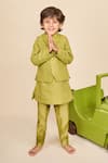 Buy_All Boy Couture_Green Kurta Linen Print Polka Dot Bundi And Set _at_Aza_Fashions